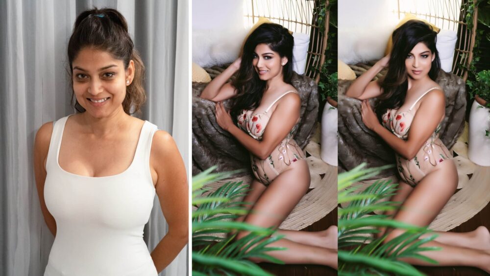 A collage of a woman in a white swimsuit.