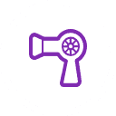 A purple hair dryer icon on a white background is depicted in this image.