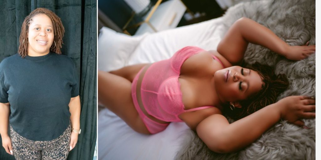 Two stunning portraits of a woman on a bed, captured by Northern Virginia Boudoir Photography.