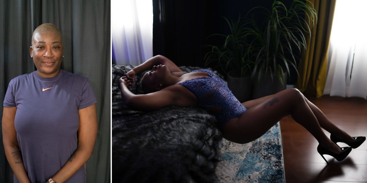 Two pictures of a woman on a bed, captured through Northern Virginia Boudoir Photography.