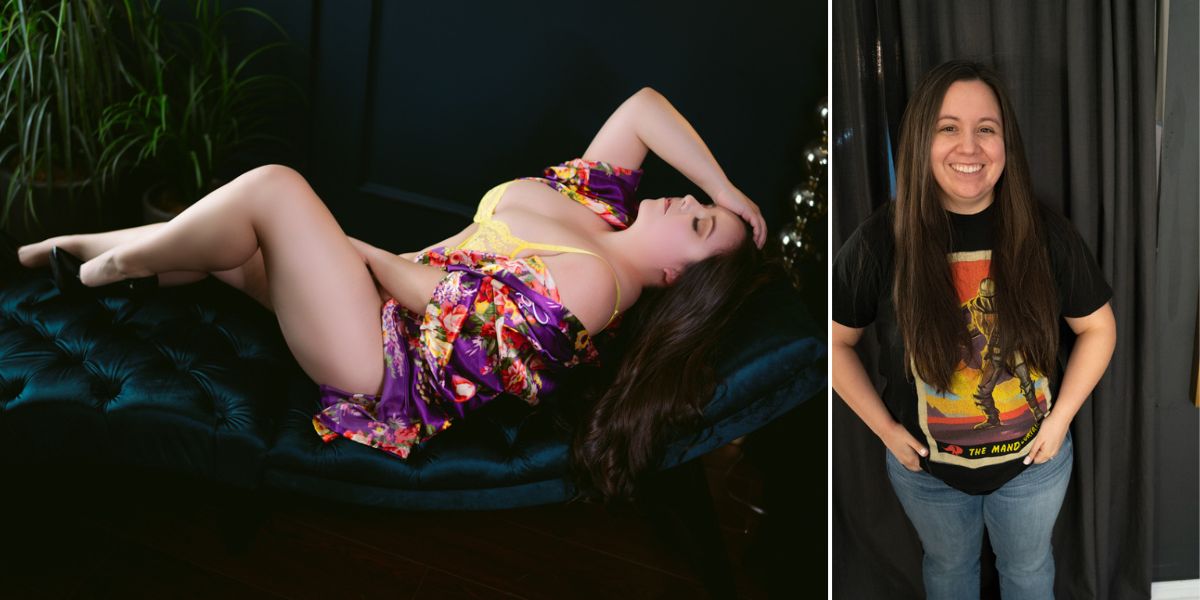 Two stunning images of a woman posing on a couch captured by Northern Virginia Boudoir Photography.