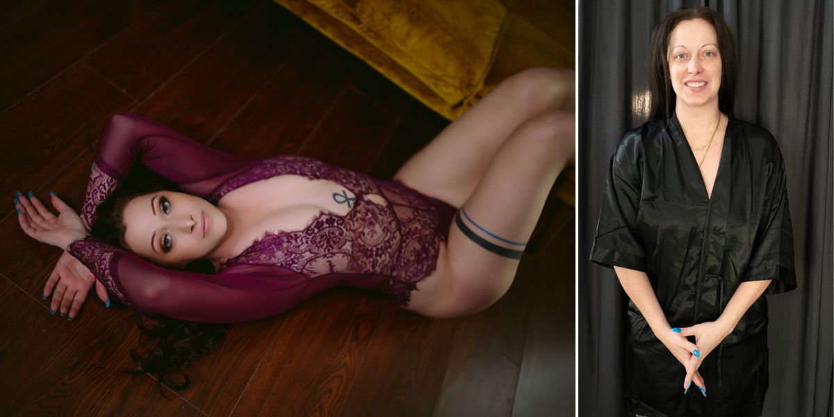 Two pictures of a woman in lingerie posing on the floor taken by Northern Virginia Boudoir Photography.